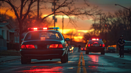 Fototapeta na wymiar Evening hues cast over law enforcement vehicles