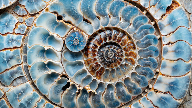 Abstract unreal fossilized light blue ammonite spiral pattern shell embedded into rock with intricate detailed surface ridged texture.