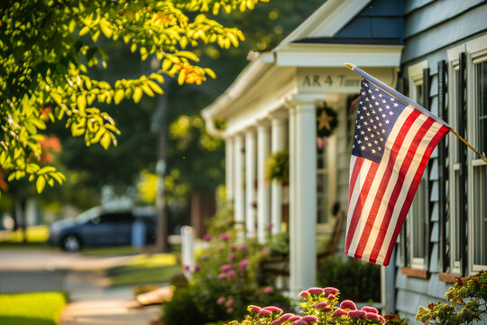 American flag on corner of residential house symbol