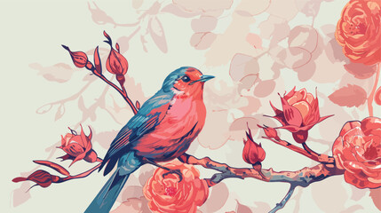 vector illustration of a little bird and blooming