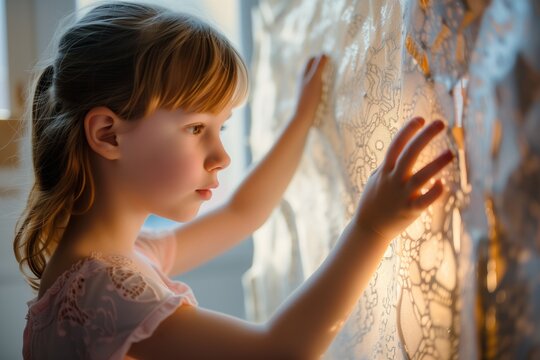 young girl touching an allowed tactile art piece with textures