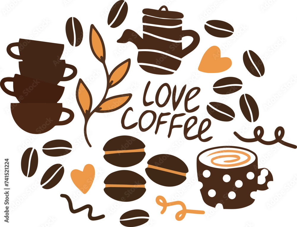 Wall mural Vector doodle drawing of grain cup tree coffee. Hand drawn drawing for banner poster flyer card design on coffee theme. Vector file design elements.