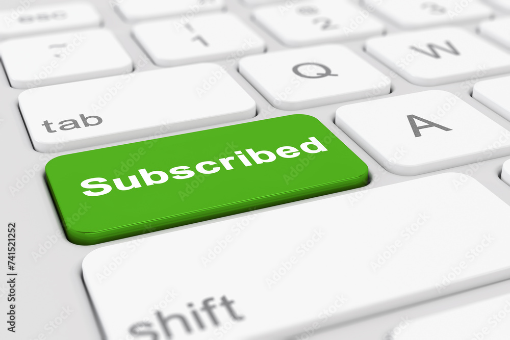 Poster 3d rendering of a white keyboard with a green key and the keyword subscribed - business concept.