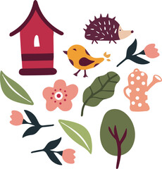 Vector doodle drawing on the theme of hello spring. Spring hand drawings flowers bird feeder plants. Vector spring design elements set.