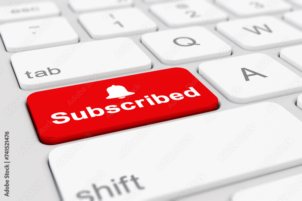 Poster 3d rendering of a white keyboard with a red key and the keyword subscribed - business concept.