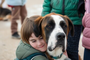 child hugging a large dog at a pet adoption event