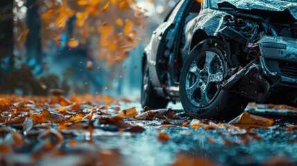 Aftermath of a roadway mishap under autumn leaves - obrazy, fototapety, plakaty