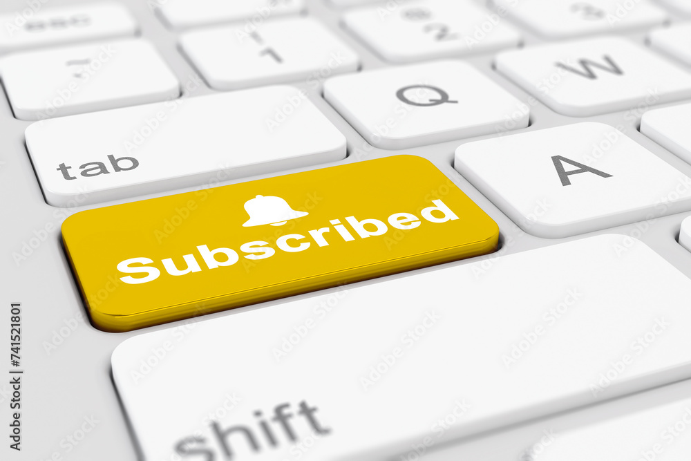 Poster 3d rendering of a white keyboard with a yellow key and the keyword subscribed - business concept.