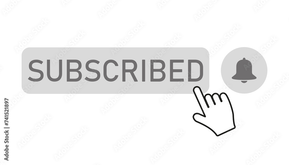 Poster illustration of grey buttons with subscribed button with a hand and notification bell - isolated ico