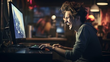 Woman Amused by Computer Screen, Cinematic Laughing Expression.