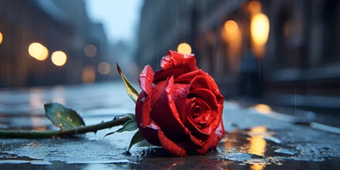 Fotobehang Solitary Red Rose on City Street Floor, Vibrant Petals Symbolizing Solitude and Sentiment © MalikNabeel