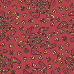 Seamless vector pattern with tribal turtle on red background. Simple hand drawn tortoise wallpaper design. Decorative animal fashion textile.
