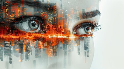 Double exposure of woman face and modern cityscape. 3D rendering