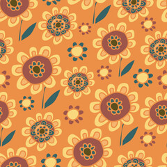 Seamless vector pattern with hand drawn sunflowers on yellow background. Simple retro floral wallpaper design. Decorative flower meadow fashion textile.