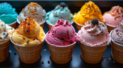 Italian Gelato Temptation: A close-up of colorful gelato scoops in a cone, capturing the temptation and joy associated with indulgent desserts. 