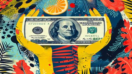 Hands holding a 100 dollar bill on a colorful background. Vector illustration