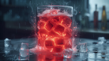Glass of Alcohol Drink with Ice and Red Glowing