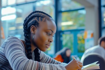 woman with plaited hair studying at a city university campus