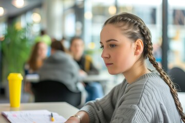 woman with plaited hair studying at a city university campus - obrazy, fototapety, plakaty