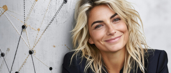 Happy attractive confident young adult or mid aged European woman posing for beauty aesthetic portrait. Beautiful lady smiling on background, attractive female model looking at camera. Close up face .