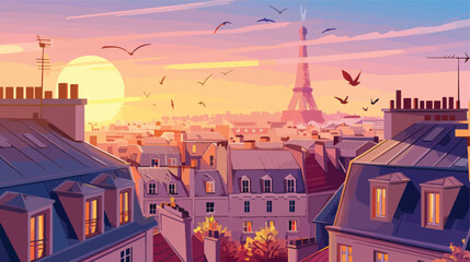 Vector illustration of Eiffel tower over roofs - obrazy, fototapety, plakaty