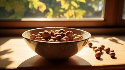 Sunlight streaming through a window, casting dramatic shadows on a bowl filled with hazelnuts
