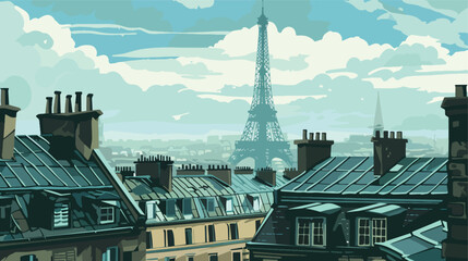 Vector illustration of Eiffel tower over roofs - obrazy, fototapety, plakaty