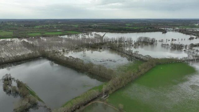 flooding of the La Sarthe river, at Briollay, Maine et Loire, France