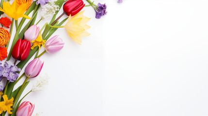 Fond blanc avec un contour de fleurs, plantes fraîches et colorées. Nature, ambiance florale. Printemps, printanier, été. Pour conception et création graphique. - obrazy, fototapety, plakaty