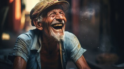 Obraz premium Young woman laughing heartily in a cinematic setting.