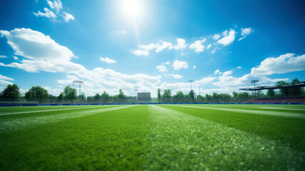 soccer field and blue sky with white clouds, football field background