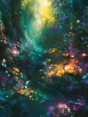 Fantasy painting depicting a cosmic garden within a nebulous void, adorned with glowing flora and ethereal fauna