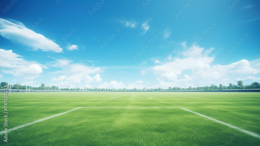 Wall mural green grass field and blue sky with white clouds, soccer field background