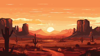 Vector illustration of sunset desert landscape.  - obrazy, fototapety, plakaty