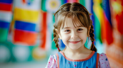 Little children during lesson at language school: emotional happy face of a little girl studying a...