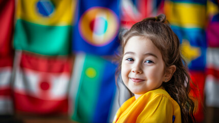Little children during lesson at language school: emotional happy face of a little girl studying a foreign language against the background of flags of different countries, Education concept