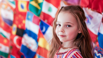 Little children during lesson at language school: emotional happy face of a little girl studying a foreign language against the background of flags of different countries, Education concept