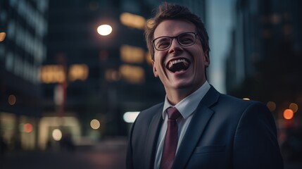 Happy woman with professional attire laughing in cinematic setting