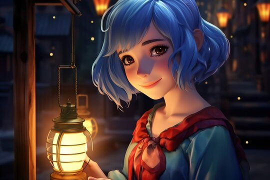 cute anime girl kawai illustration with lantern phone, cute anime girl close up , innocent teenage anime girl with blue hair 