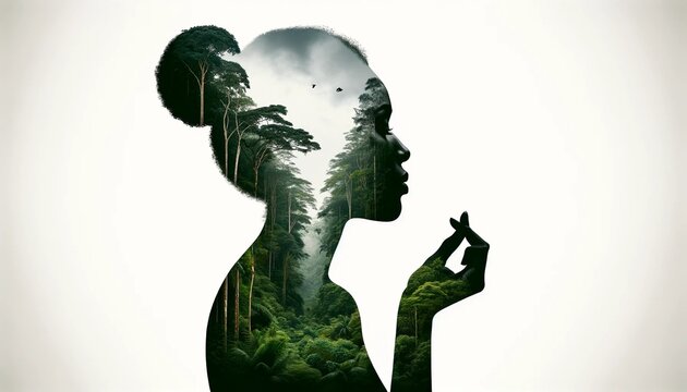 Nature beauty organic cosmetology woman face trees, Semitransparent profile of a black woman with afro hair and a beautiful landscape inside of her thinking about the paradise