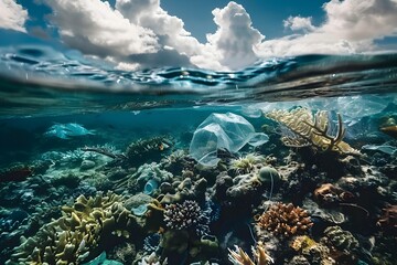 Fototapeta na wymiar Underwater Scene of Plastic Bag Near Coral Reef