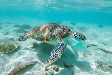 Fototapeta premium Sea Turtles in the Ocean A Struggle Against Plastic Waste