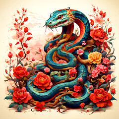 Chinese style snake in flowers.