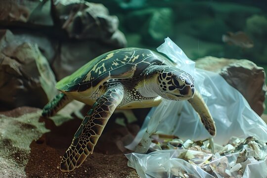 Sea Turtle in Aquarium Highlighting Environmental Crisis