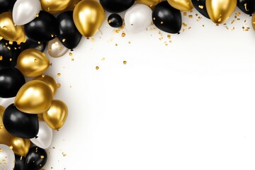gold and black helium party balloons on a white background. Space for text. invitation to sale on black friday day