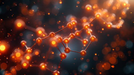 Orange, red and black colour background. Molecular structure. Colourful background. Medical research concept. Selective focus. Copy space.