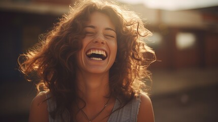 Joyful woman posing for a cinematic photograph in natural lighting