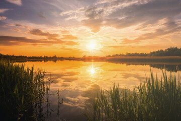 Sunset or sunrise above the pond or lake at spring or early summer evening or morning with cloudy sky and reed grass. Springtime landscape. Water reflection. Vintage film aesthetic. - obrazy, fototapety, plakaty