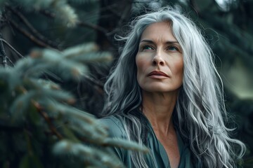 Stylish Older Woman with Long Gray Hair in Outdoor Portrait. Concept Fashionable Seniors, Gray Hair Inspiration, Stylish Outdoor Portraits, Aging Gracefully, Senior Fashion