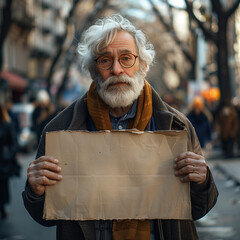 Old man holding mockup billboard during, protest